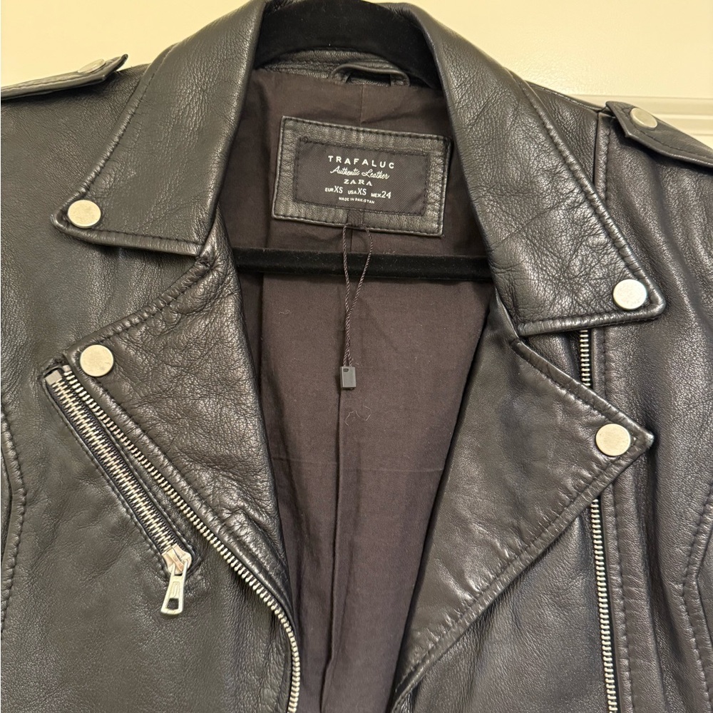 Zara Black Leather Biker Jacket with Silver Accents NWT - Picture 3 of 5